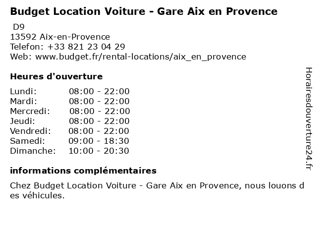 ᐅ Horaires d'ouverture „Budget Location (Gare Tgv Méditerranée