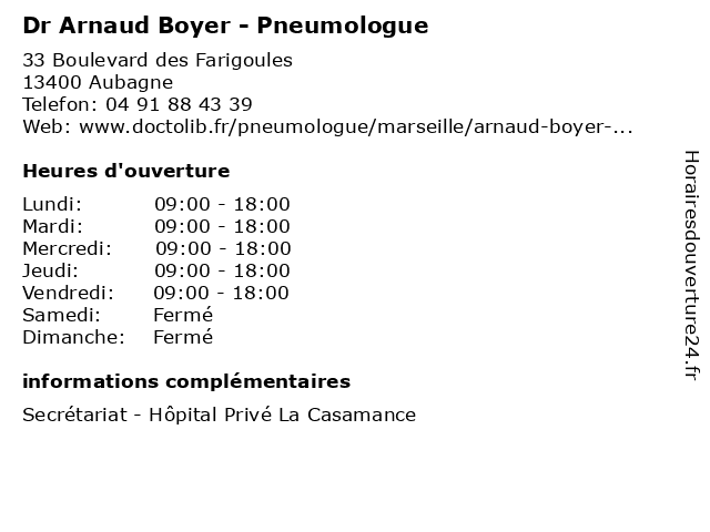 ☎️ Contacts du Dr Arnaud Boyer, Pneumologue à Aubagne 13400