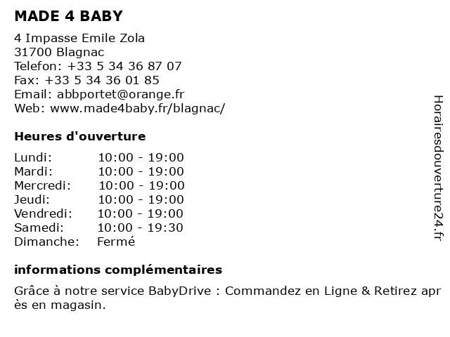 ᐅ Horaires D Ouverture Autour De Bebe 4 Impasse Emile Zola A Blagnac