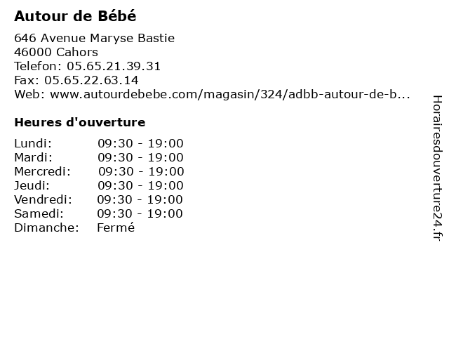 ᐅ Horaires D Ouverture Autour De Bebe 646 Avenue Maryse Bastie A Cahors