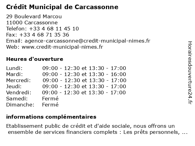 á… Horaires D Ouverture Credit Municipal 29 Boulevard Marcou A Carcassonne