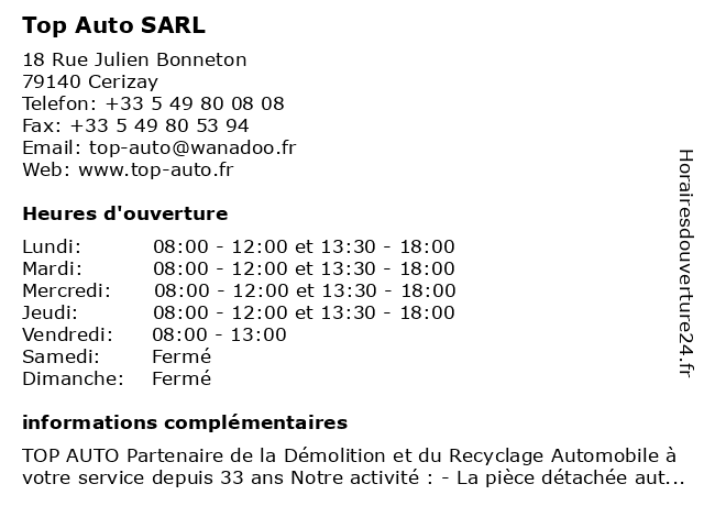 á… Horaires D Ouverture Top Auto Casse Automobile 18 Rue Julien Bonnoton A Cerizay