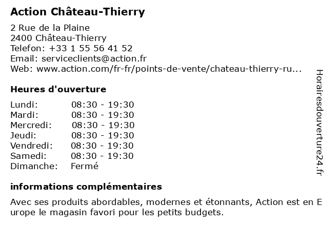 ᐅ Horaires D Ouverture Action 2 Rue De La Plaine A Chateau Thierry