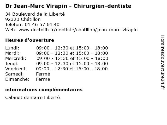 ᐅ Horaires D Ouverture Dr Jean Marc Virapin Chirurgien Dentiste Secretariat 34 Boulevard De La Liberte A Chatillon