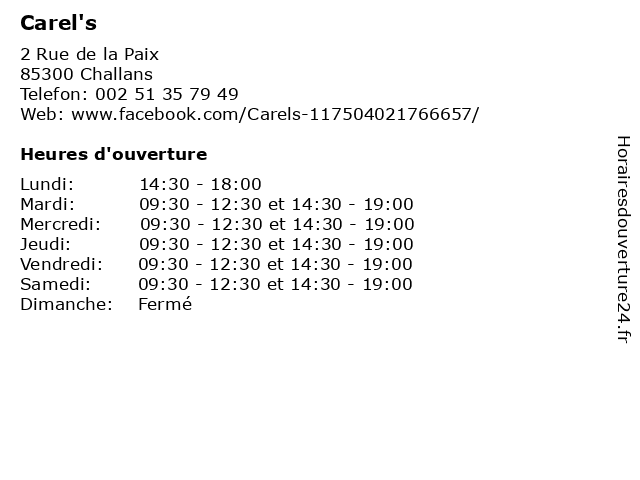 ᐅ Horaires D Ouverture Carel S 2 Rue De La Paix A Challans