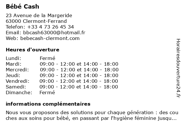 ᐅ Horaires D Ouverture Bebe Cash 23 Avenue De La Margeride A Clermont Ferrand