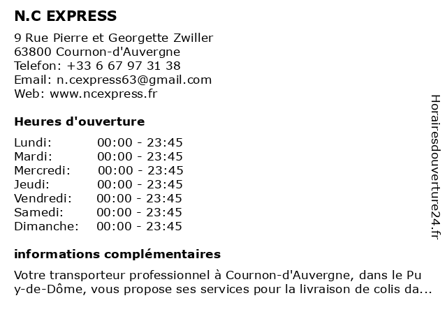 ᐅ Horaires D Ouverture N C Express 9 Rue Pierre Et Georgette Zwiller A Cournon D Auvergne