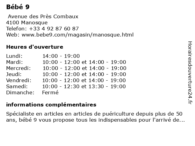 ᐅ Horaires D Ouverture Bebe9 Avenue Des Pres Combaux A Manosque