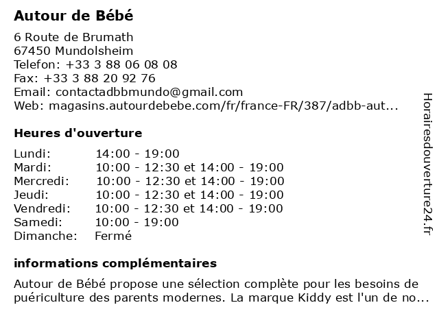 ᐅ Horaires D Ouverture Autour De Bebe Adbb 6 Route De Brumath A Mundolsheim