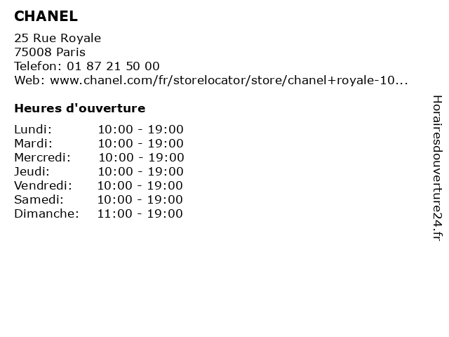 ᐅ Horaires d'ouverture „CHANEL ROYALE“ | 25 Rue Royale à Paris