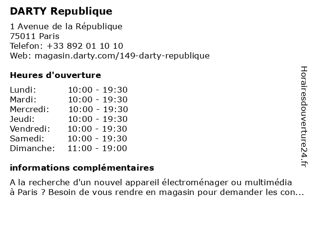 á… Horaires D Ouverture Darty Republique 1 Avenue De La Republique A Paris