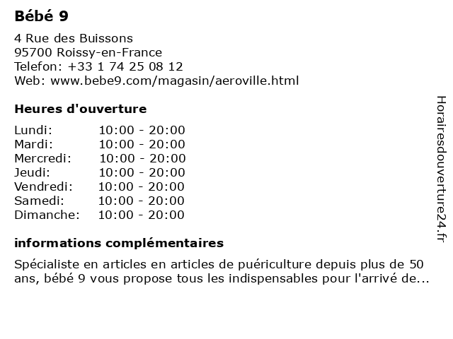 ᐅ Horaires D Ouverture Bebe9 4 Rue Des Buissons A Roissy En France