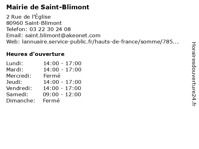 ᐅ Horaires D'ouverture „Mairie De Saint-Blimont“ | 2 Rue De L'église À Saint -Blimont