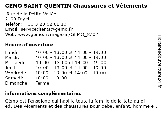 ᐅ Horaires D Ouverture Gemo Saint Quentin Chaussures Et Vetements Rue Antoine Parmentier A Saint Quentin